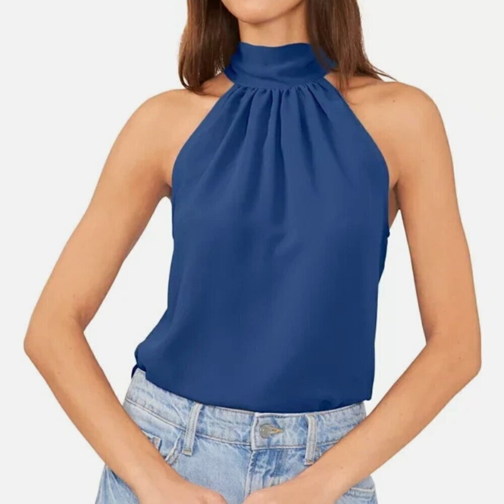 1.State Women's Size Small Sleeveless High Neck Blouse Chiffon Deep Cobalt Blue